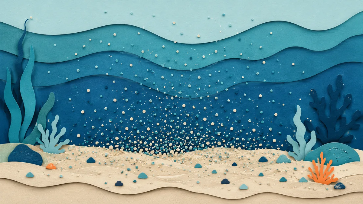 Illustrazione papercut di particelle di sedimento sospese che scendono lentamente verso un fondale sabbioso, in acqua ferma