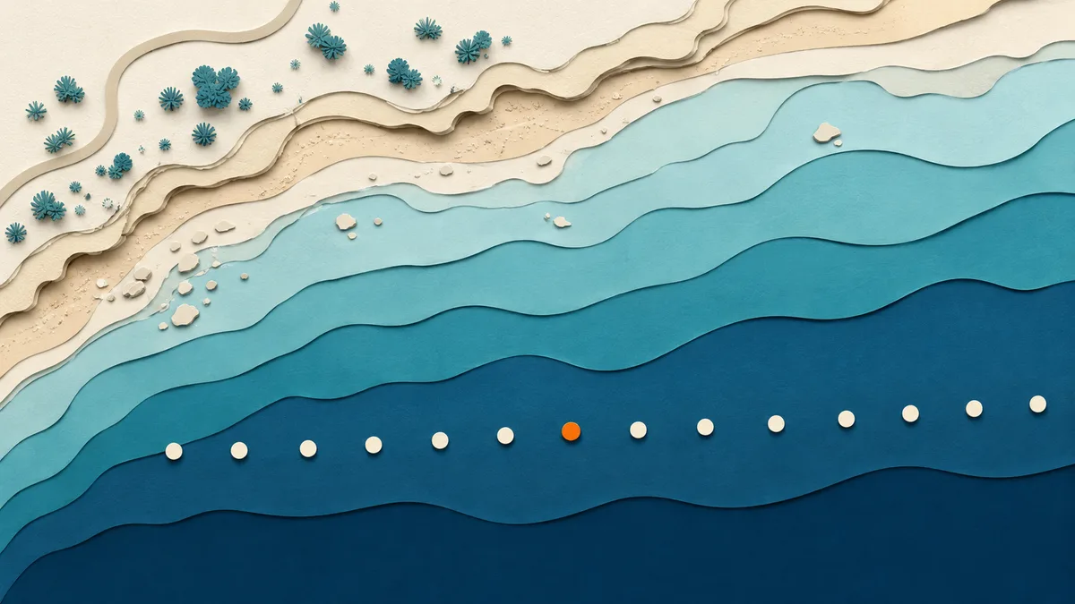 Illustrazione papercut di una costa vista dall'alto con punti di campionamento allineati al largo della riva