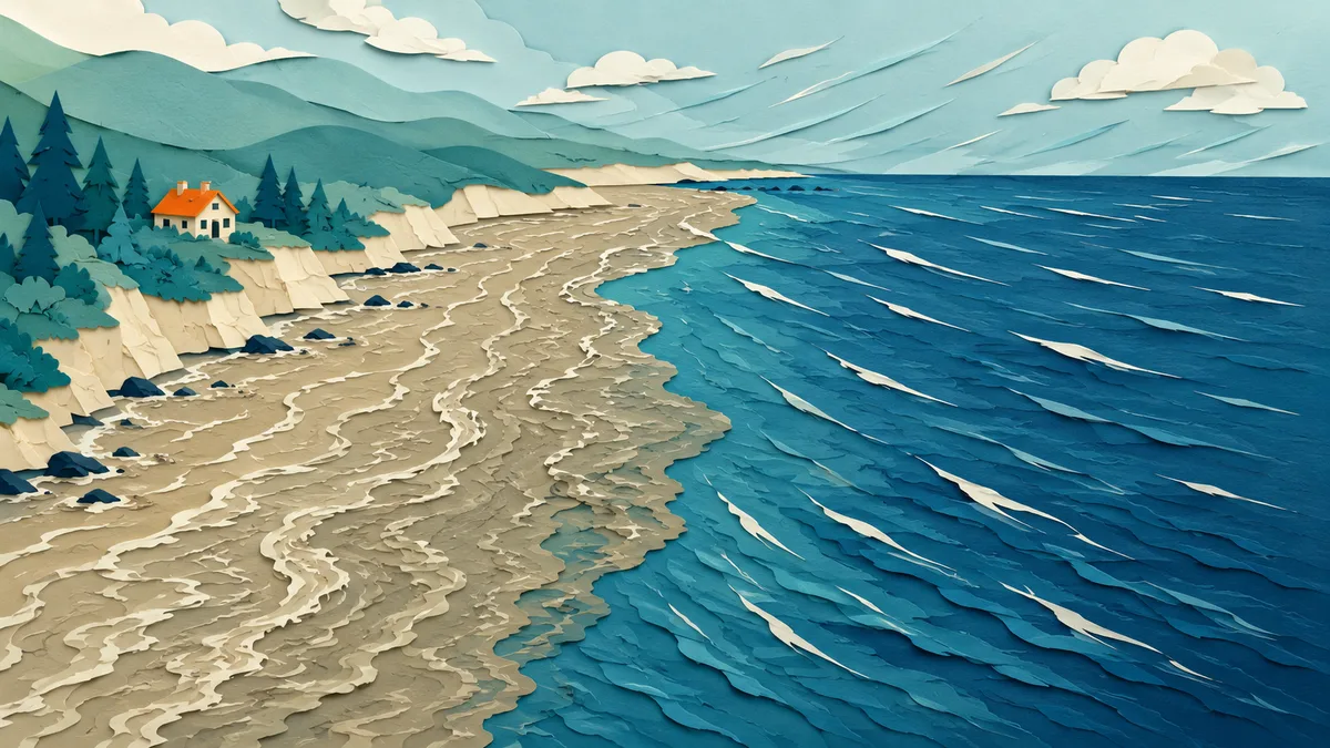 Illustrazione papercut di una fascia di acqua torbida lungo la riva battuta dal vento, con il largo che resta limpido