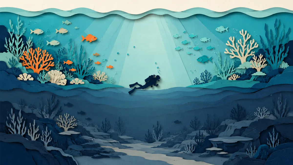Illustrazione papercut della fascia d'acqua superficiale ben illuminata sopra una zona piu' scura e spenta