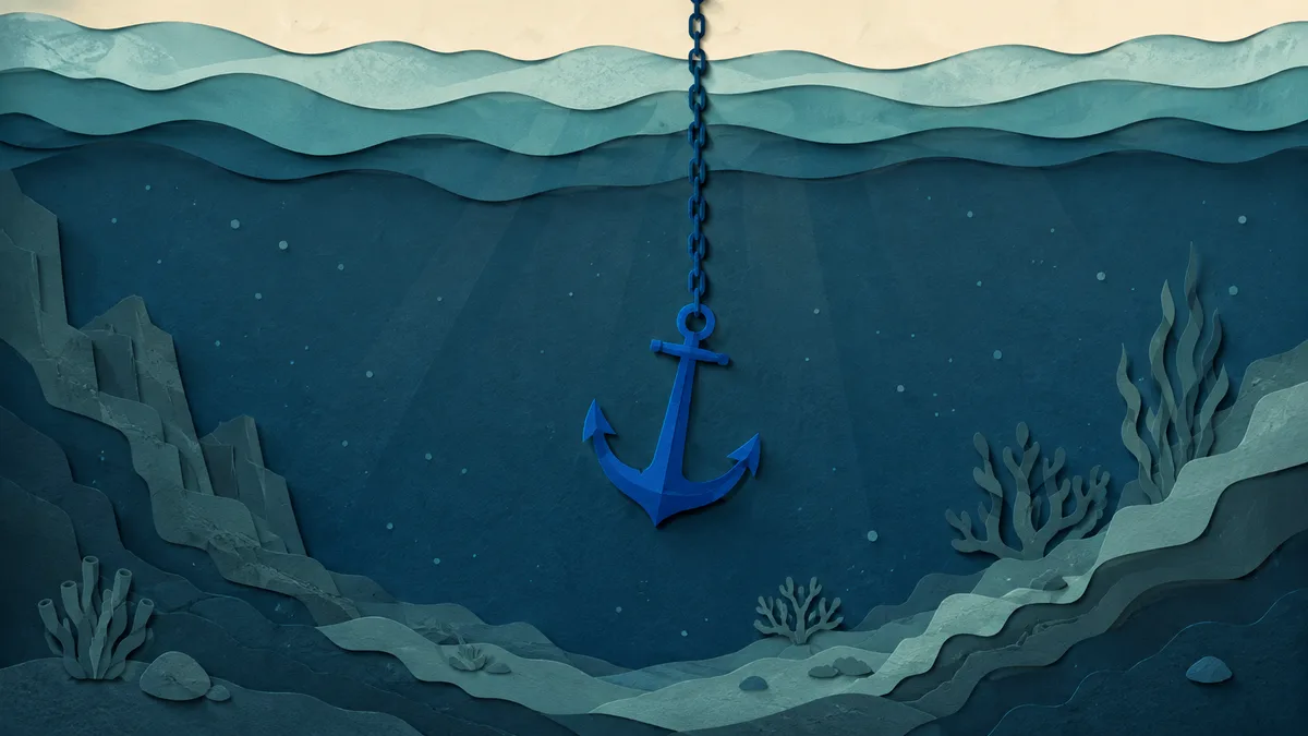 Illustrazione papercut di un oggetto blu vivo sospeso in acqua profonda dove tutto il resto e' grigio-verde