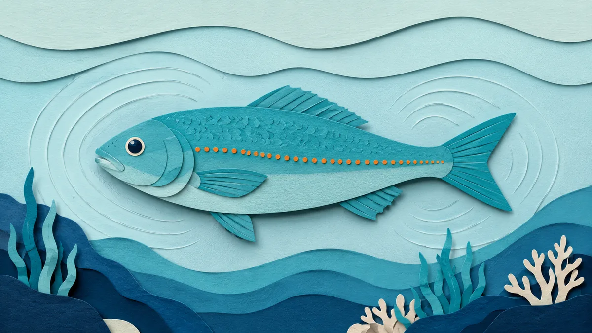 Illustrazione papercut di un pesce di profilo con la linea laterale evidenziata lungo il fianco