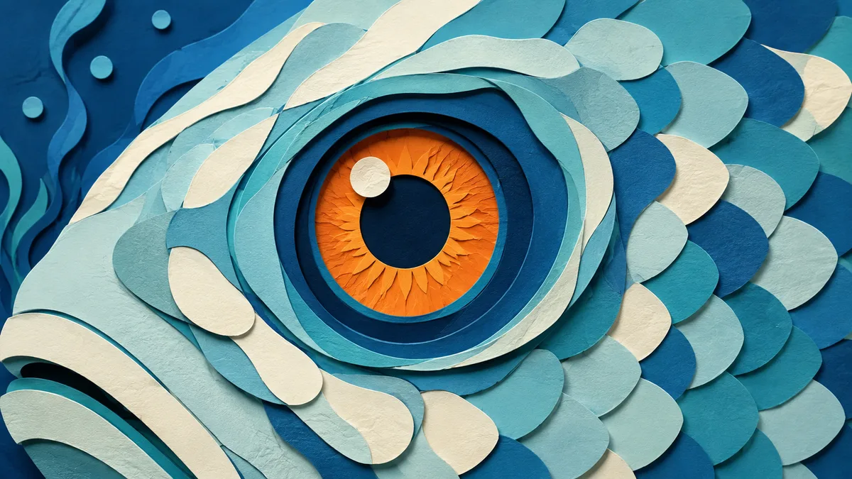 Illustrazione papercut in primo piano dell'occhio di un pesce che riflette la luce sott'acqua