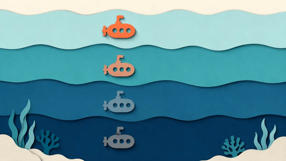 Illustrazione papercut in sezione della colonna d'acqua con un oggetto rosso in superficie che diventa grigio scendendo