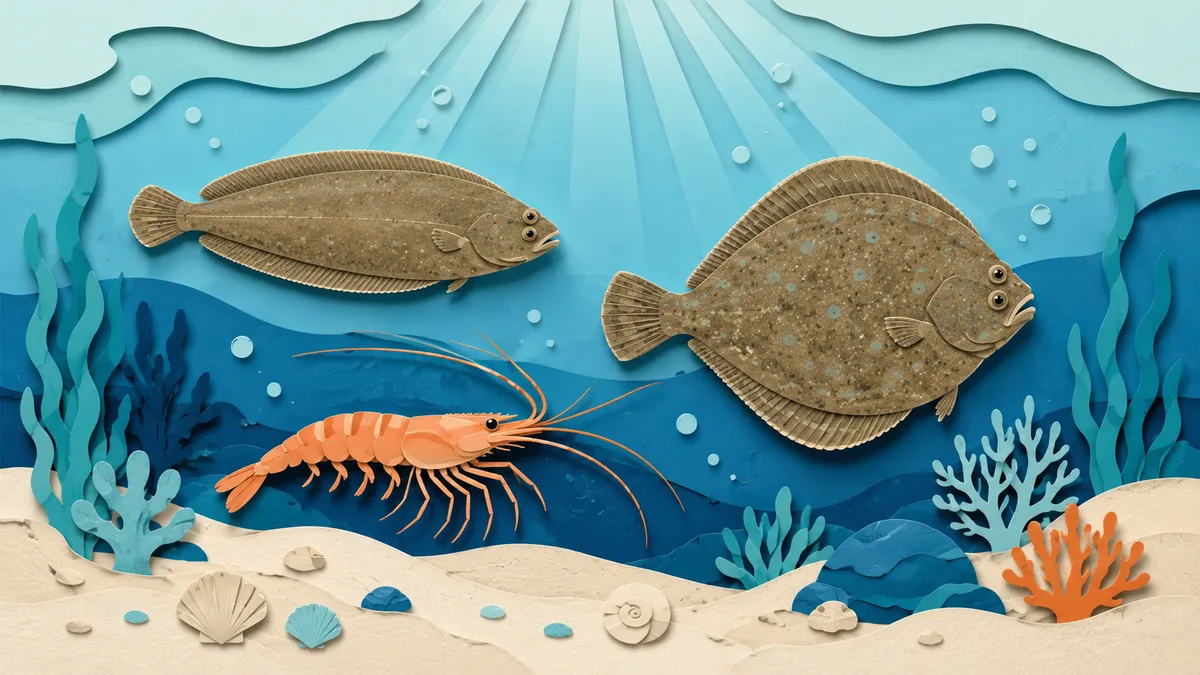 Illustrazione papercut di una sogliola, un rombo e un gambero che nuotano insieme sopra un fondale sabbioso