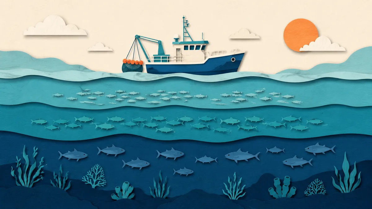 Illustrazione papercut di un peschereccio in superficie con una colonna d'acqua piena di pesci a profondità diverse sotto la chiglia