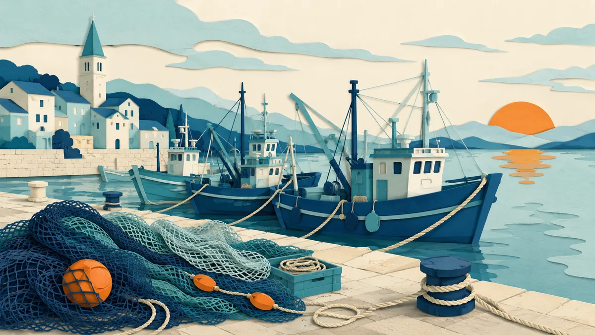 Illustrazione papercut di pescherecci ormeggiati in porto all'alba con reti raccolte sul molo