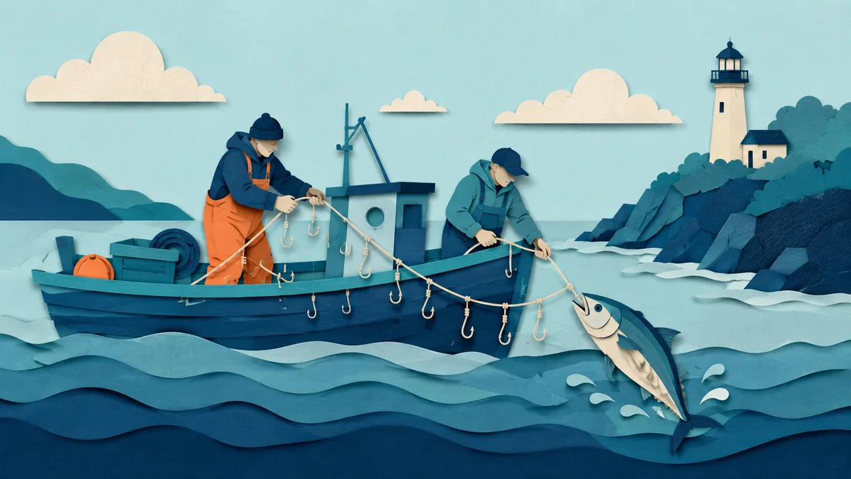 Illustrazione papercut di una piccola barca artigianale che salpa un palangaro con molti ami