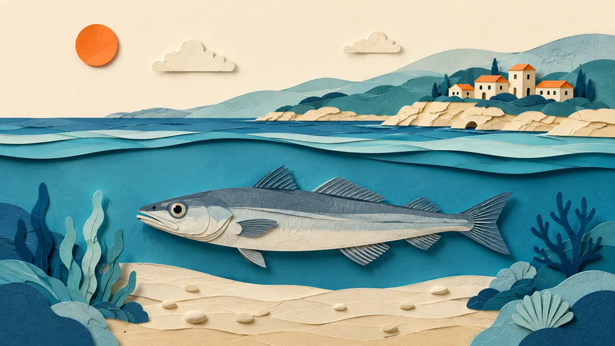 Illustrazione papercut di un nasello che nuota sopra un fondale con una costa siciliana sullo sfondo