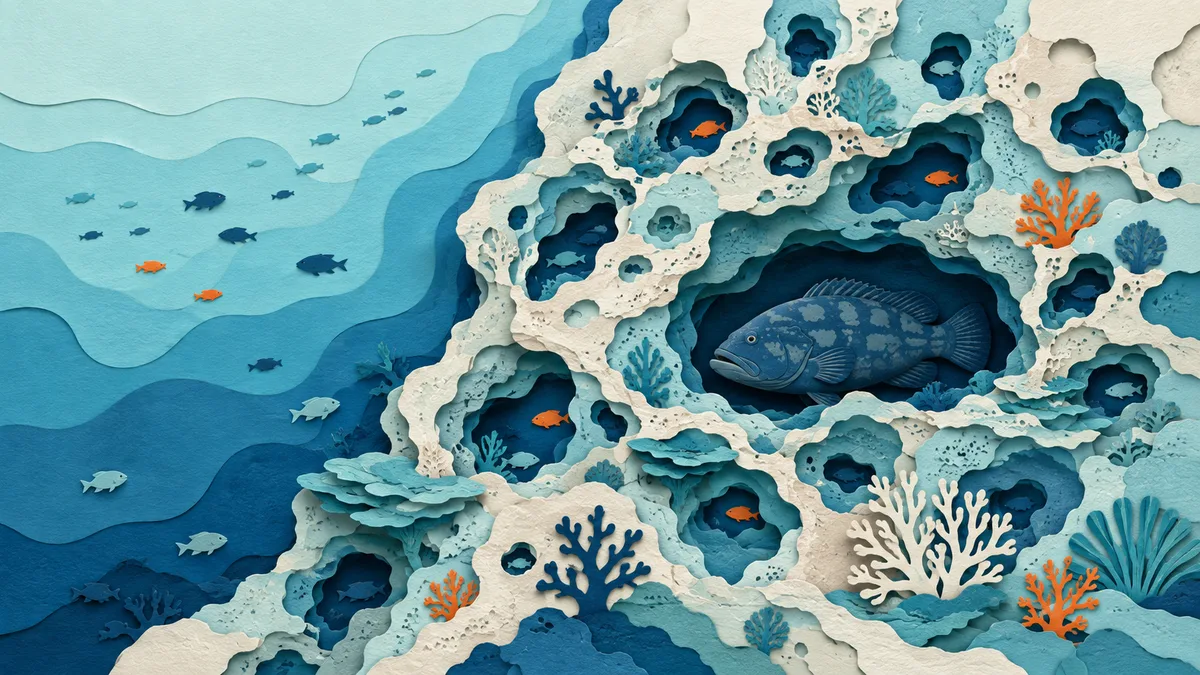 Illustrazione papercut di una parete di coralligeno piena di anfratti con piccoli pesci che entrano ed escono dalle cavita'