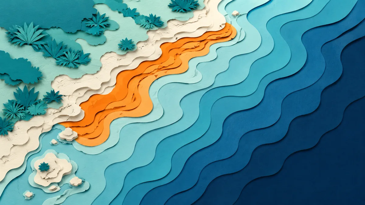 Illustrazione papercut di un golfo visto dall'alto con l'acqua di tonalita' piu' calda addossata alla costa