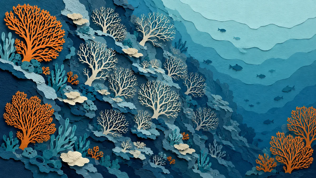 Illustrazione papercut di una parete di coralligeno con gorgonie rosse spoglie e scheletri scoperti
