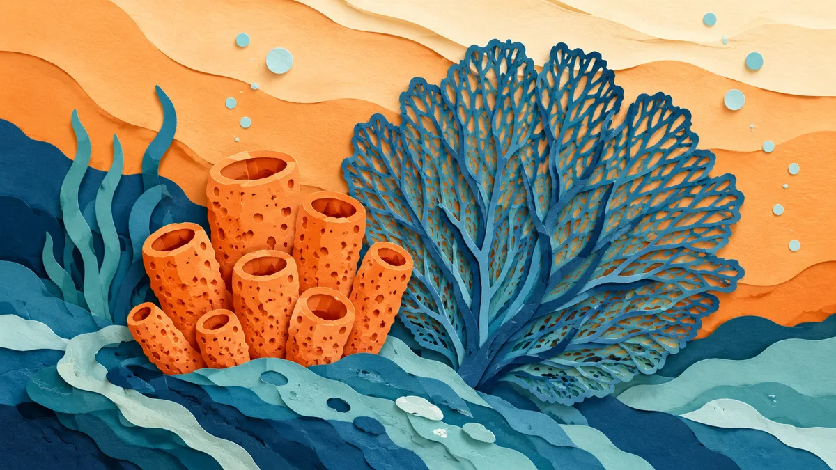 Illustrazione papercut di una spugna e una gorgonia su roccia, con l'acqua intorno resa in tonalita' calda