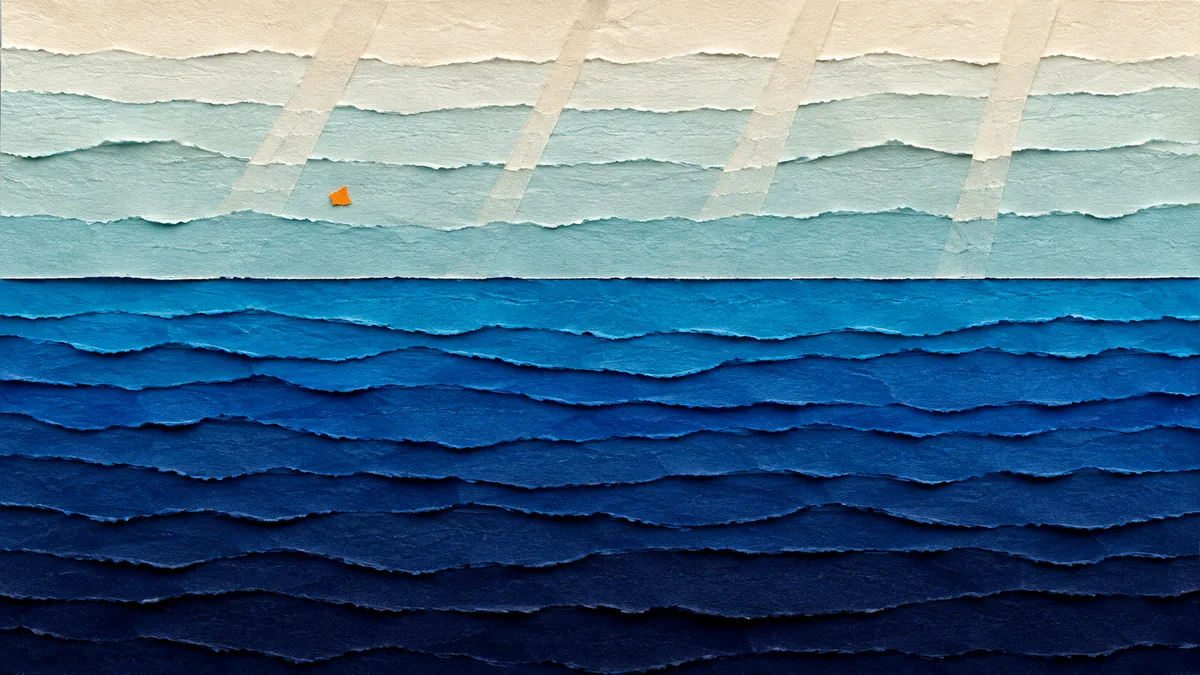 Illustrazione papercut in sezione della colonna d'acqua con uno strato caldo chiaro sopra e uno freddo scuro sotto, separati da un gradino netto