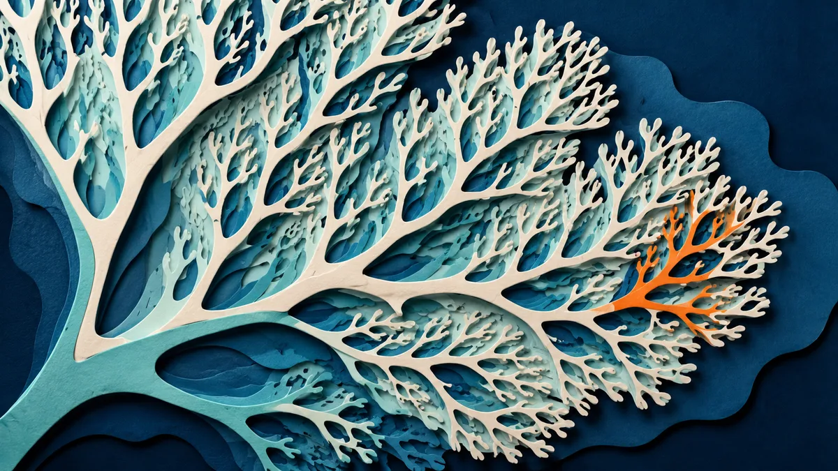 Illustrazione papercut in primo piano del ramo di una gorgonia che si dirama lentamente, su fondo scuro