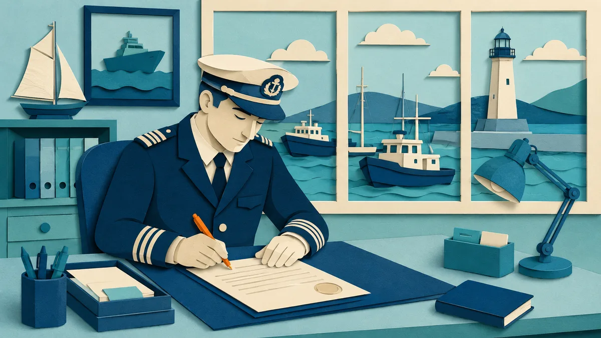 Illustrazione papercut di un ufficiale della guardia costiera che firma un documento alla scrivania di una capitaneria, con la finestra affacciata sul porto