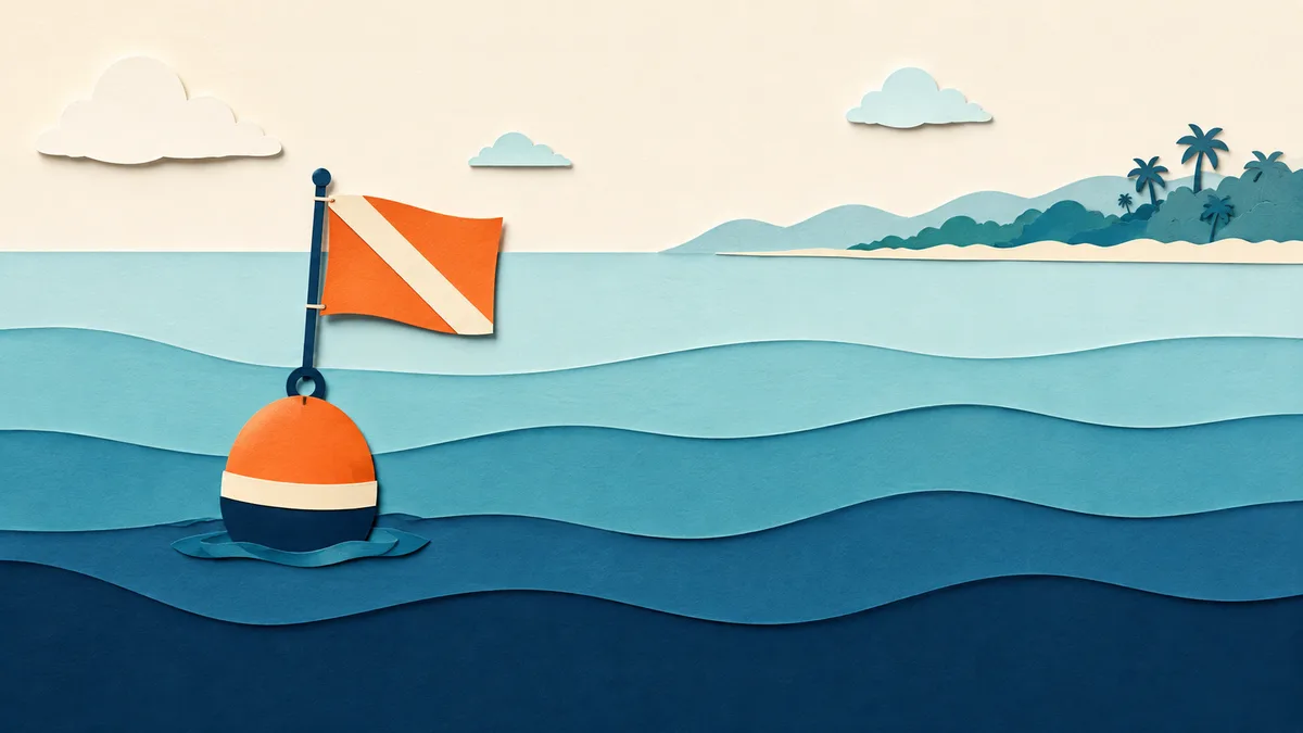 Illustrazione papercut di una boa segnasub con bandiera rossa e striscia bianca diagonale, in mare aperto lontano dalla spiaggia