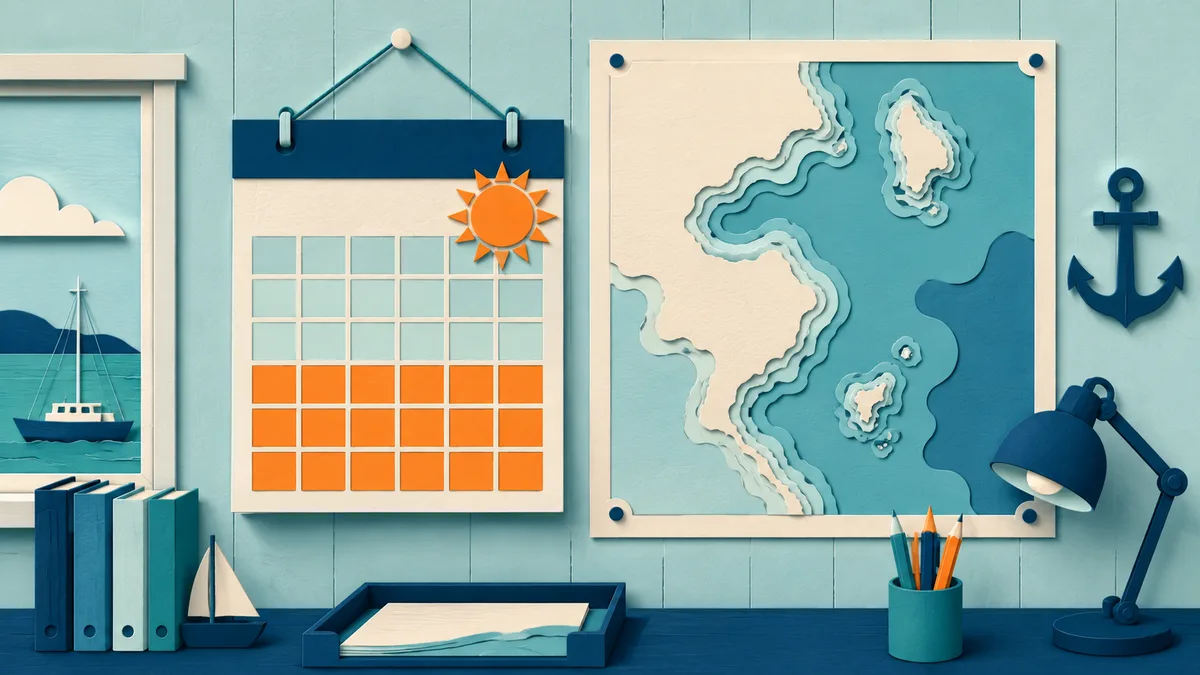 Illustrazione papercut di un calendario da parete con i mesi estivi segnati, appeso in un ufficio portuale accanto a una mappa della costa