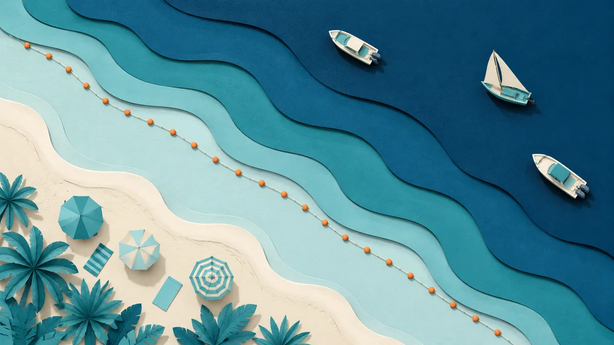 Illustrazione papercut vista dall'alto di una costa con una fascia di mare delimitata da boe davanti alla spiaggia e il mare aperto oltre