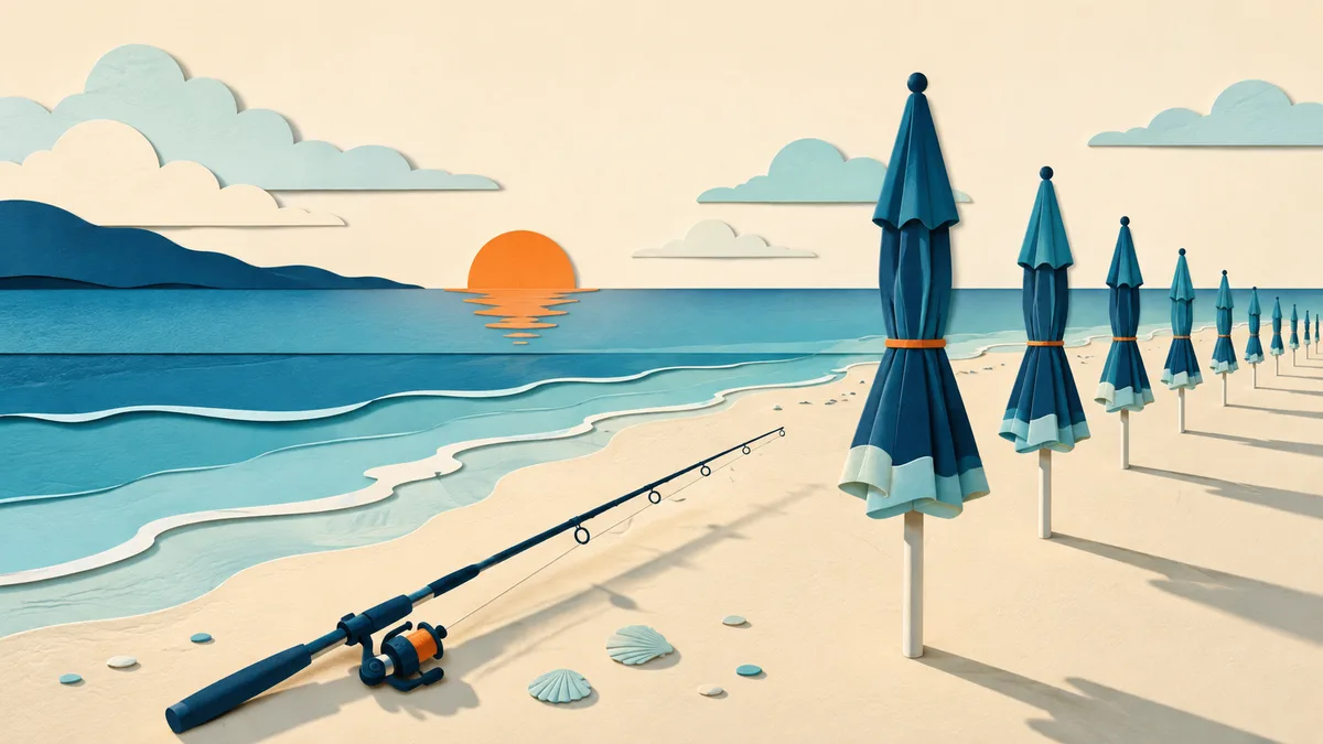 Illustrazione papercut di una canna da pesca appoggiata sulla sabbia accanto a ombrelloni chiusi, in una spiaggia deserta all'alba