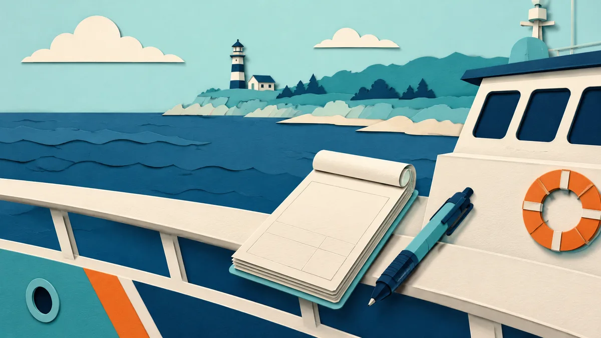 Illustrazione papercut di un blocchetto per verbali e una penna appoggiati sul parapetto di una motovedetta, con la costa sullo sfondo