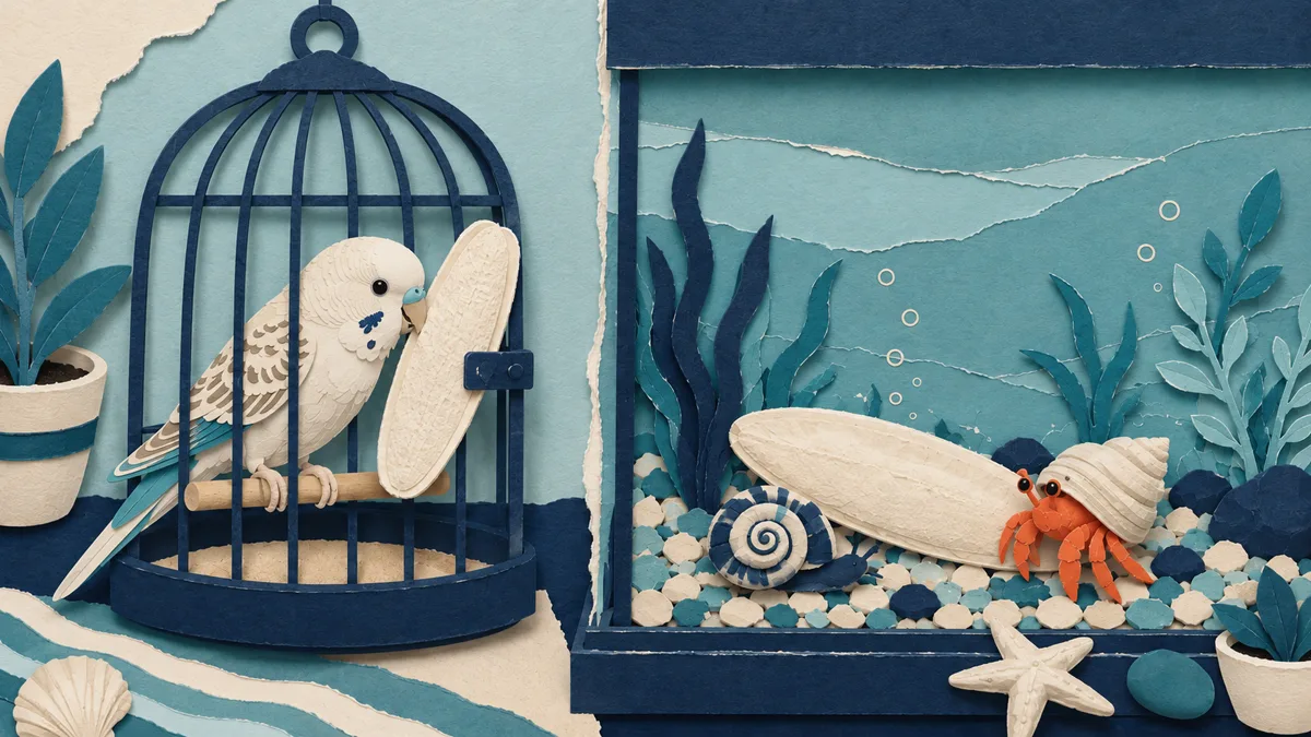 Un canarino in gabbia becca l'osso di seppia e, accanto, un acquario con lumaca e paguro, illustrazione papercut