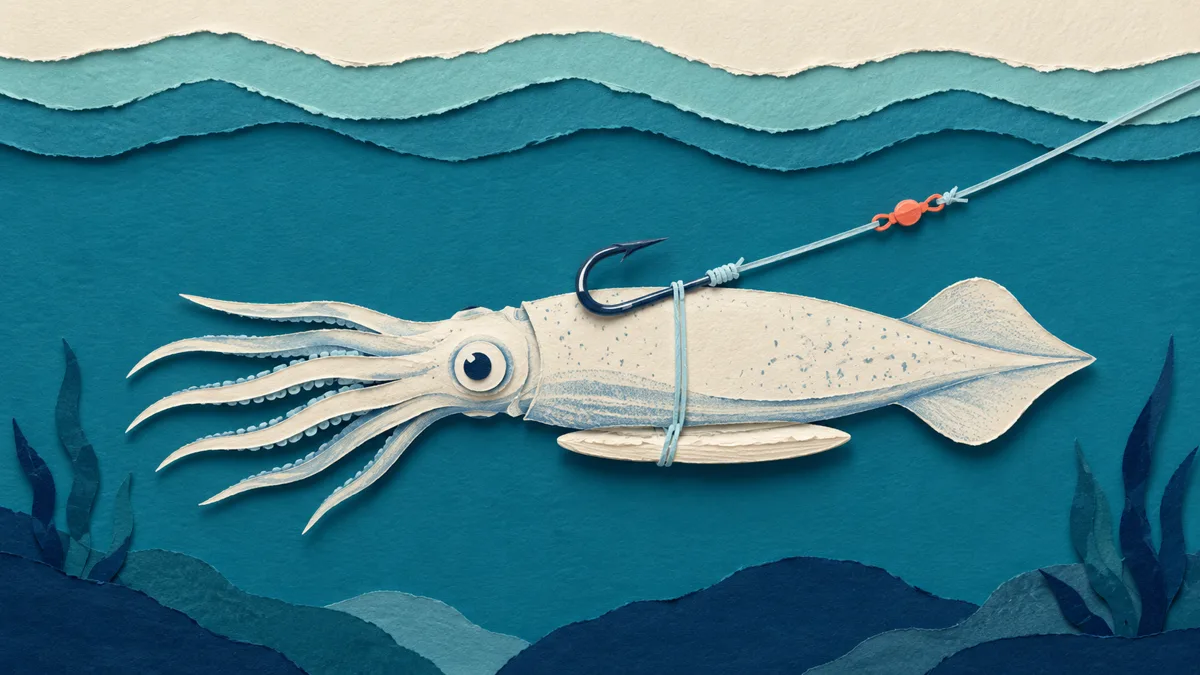 Un calamaro morto innescato per la traina con una scheggia di osso di seppia sotto il mantello che lo tiene in assetto, illustrazione papercut