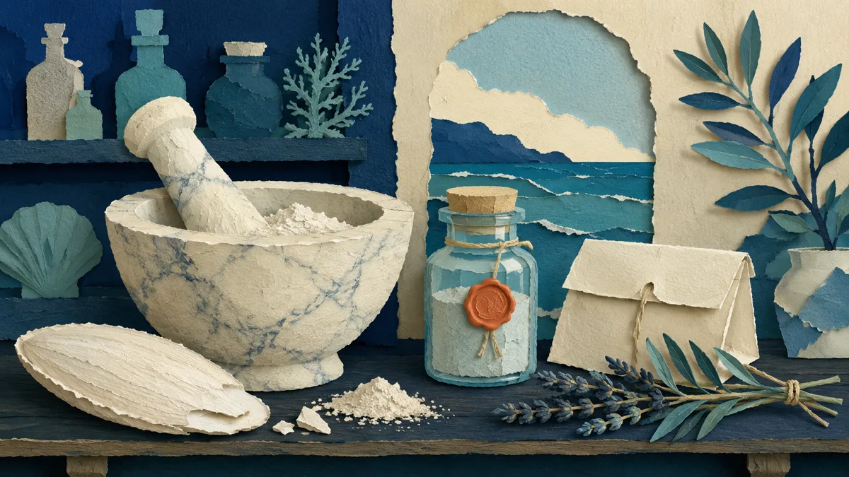 Mortaio che macina osso di seppia in polvere accanto a un vasetto d'epoca da farmacia, illustrazione papercut