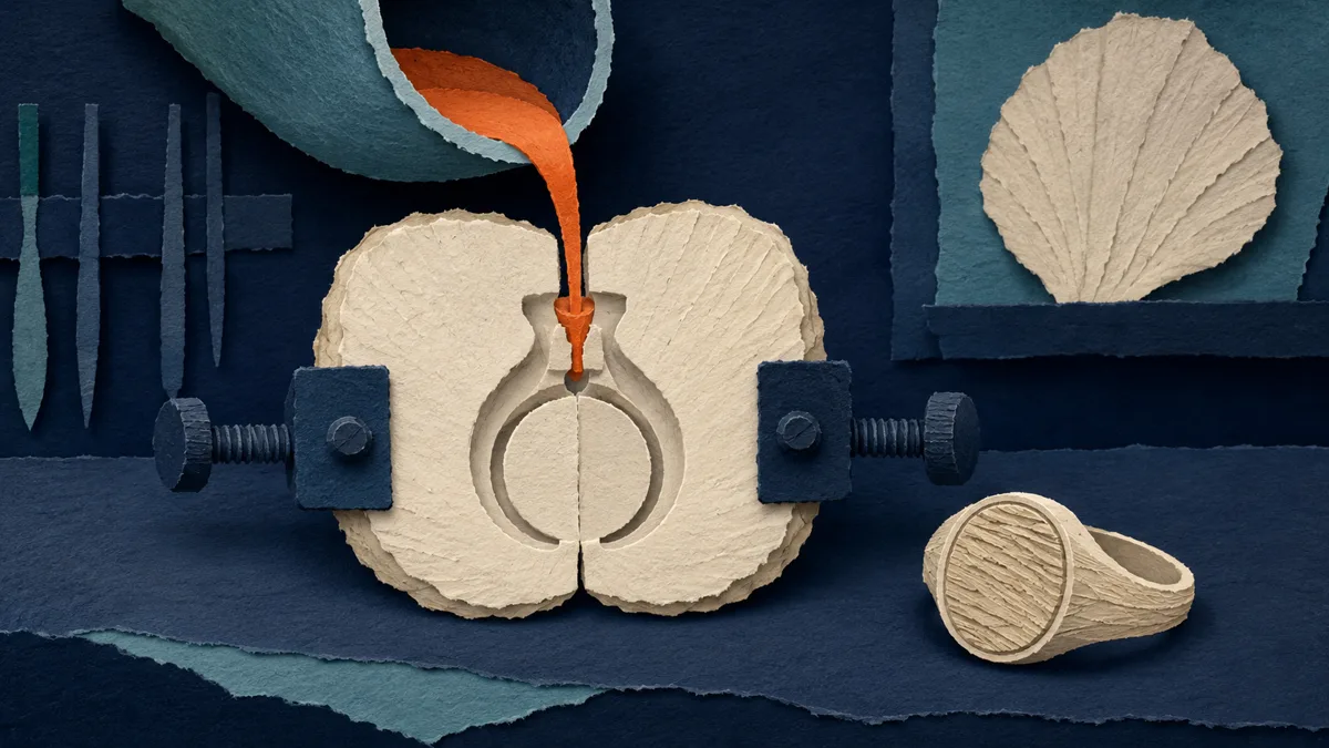 Due metà di osso di seppia usate come stampo per fondere un anello, con un filo di metallo fuso, illustrazione papercut