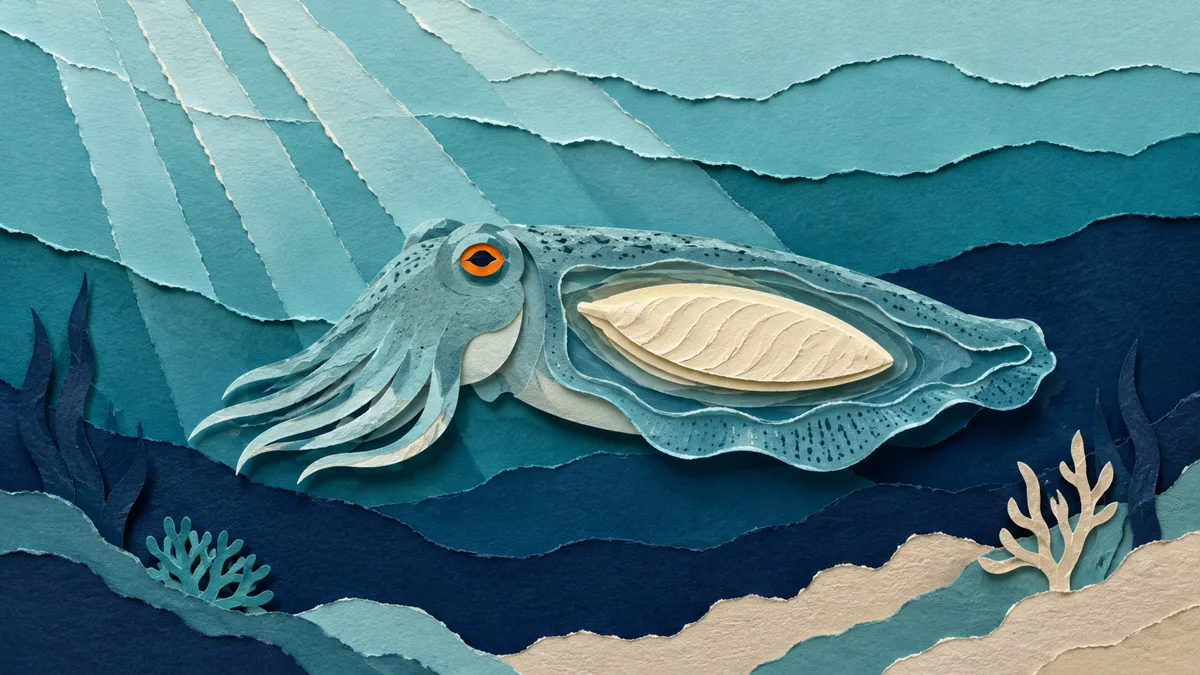 Una seppia che nuota con il suo osso interno che fa da galleggiante, illustrazione papercut in acqua turchese
