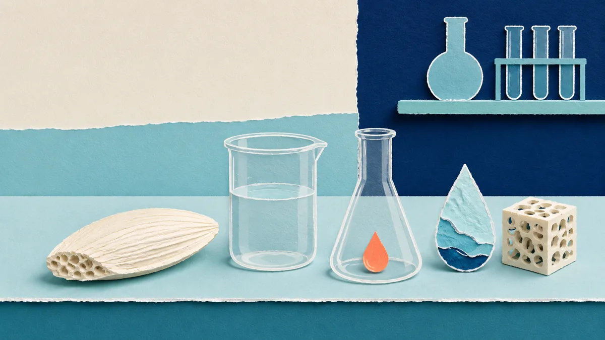 Osso di seppia su un bancone di laboratorio accanto a una beuta d'acqua limpida e a uno scaffold osseo poroso, illustrazione papercut