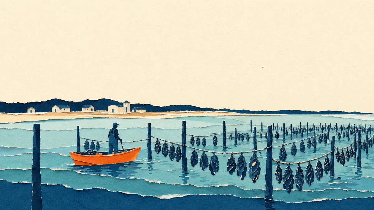 Illustrazione papercut di un allevamento di ostriche in laguna italiana con pali di legno, corde sospese e una barca da lavoro arancione