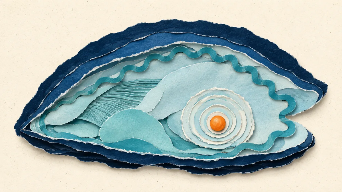 Illustrazione papercut in sezione di un mollusco con il sacco perlifero: anelli concentrici di madreperla attorno a un piccolo nucleo