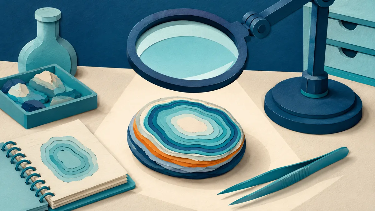 Illustrazione papercut di una pietra rotonda a bande sotto una grande lente d'ingrandimento su un tavolo da laboratorio