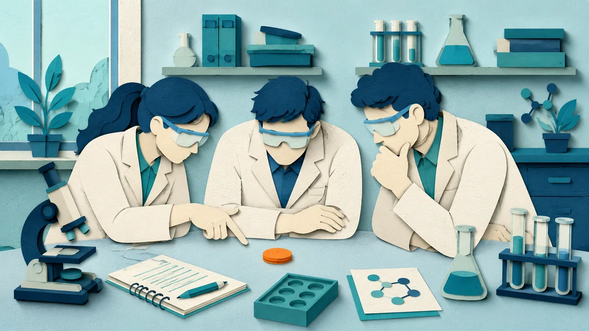 Illustrazione papercut di tre ricercatori attorno a un tavolo che confrontano lo stesso piccolo campione