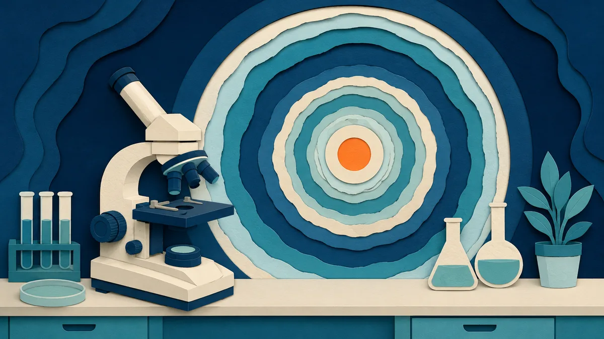 Illustrazione papercut di un microscopio da laboratorio con un grande motivo di anelli concentrici sullo sfondo