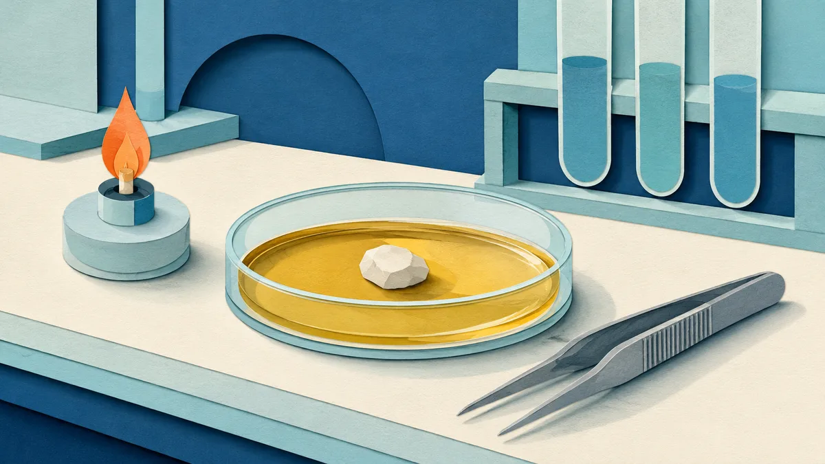 Illustrazione papercut di una piccola pietra immersa in una ciotolina di olio dorato accanto a una fiammella e a delle pinzette