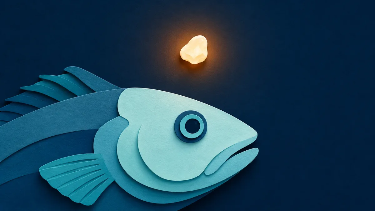 Illustrazione papercut di una piccola pietra bianca sospesa sopra la sagoma della testa di un pesce di profilo