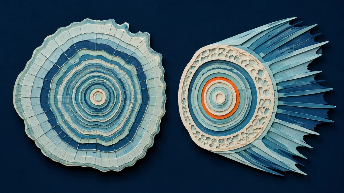 Illustrazione papercut di una scaglia di pesce con cerchi concentrici accanto alla sezione di un raggio di pinna
