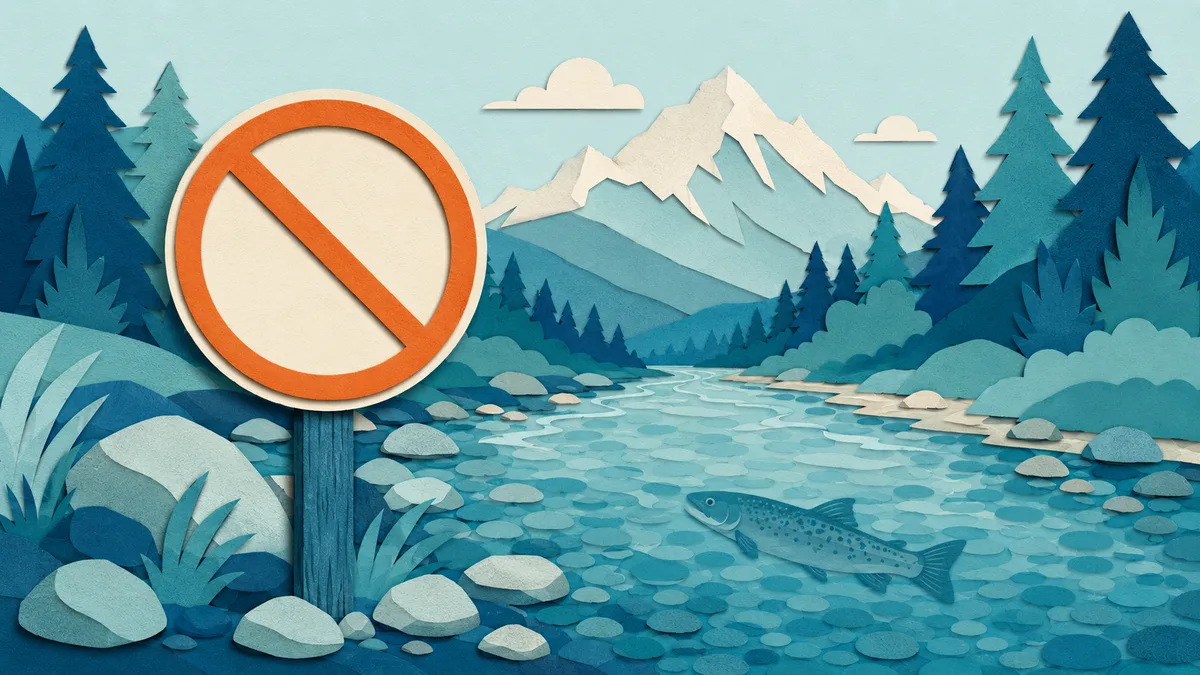 Illustrazione papercut di un cartello di divieto sulla riva di un fiume a trote