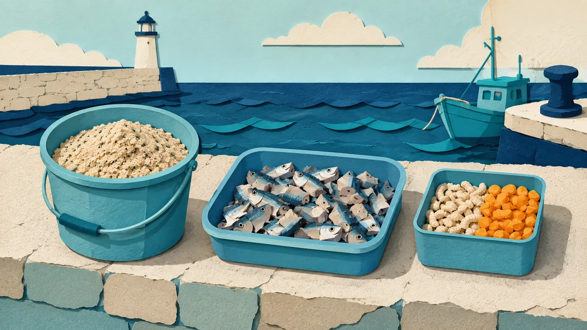 Illustrazione papercut di tre contenitori affiancati: impasto di farine, sarde tritate e bigattini