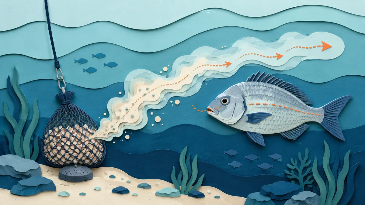 Illustrazione papercut di un pesce che segue una scia di odore trasportata dalla corrente