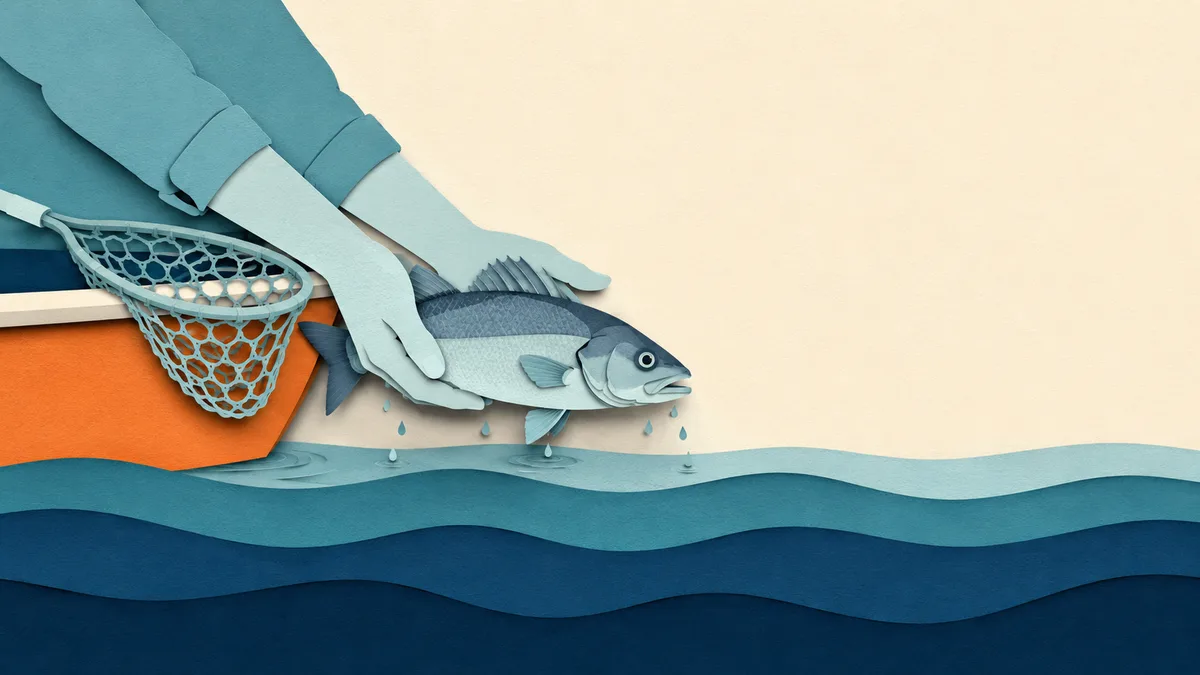 Illustrazione papercut di due mani bagnate che sostengono una spigola viva sul pelo dell'acqua accanto a un guadino in gomma senza nodi
