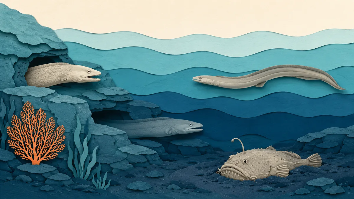 Illustrazione papercut di murena, grongo, rana pescatrice e anguilla dalla pelle nuda e viscida tra anfratti di scoglio e fondo fangoso