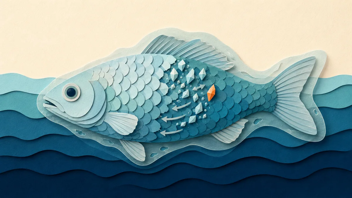Illustrazione papercut di un pesce che riassorbe calcio e fosforo dalle squame del fianco, con l'alone di muco protettivo attorno al corpo