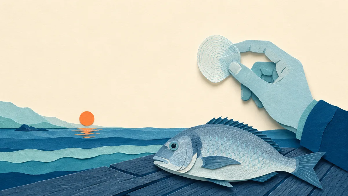 Illustrazione papercut di una mano che tiene controluce una grande squama di orata con i cerchi di accrescimento, con l'orata appoggiata sul pontile e il mare a fasce sullo sfondo