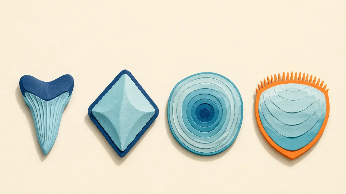 Illustrazione papercut dei quattro tipi di squame affiancati: denticolo placoide, piastra ganoide, squama cicloide e squama ctenoide col bordo a pettine