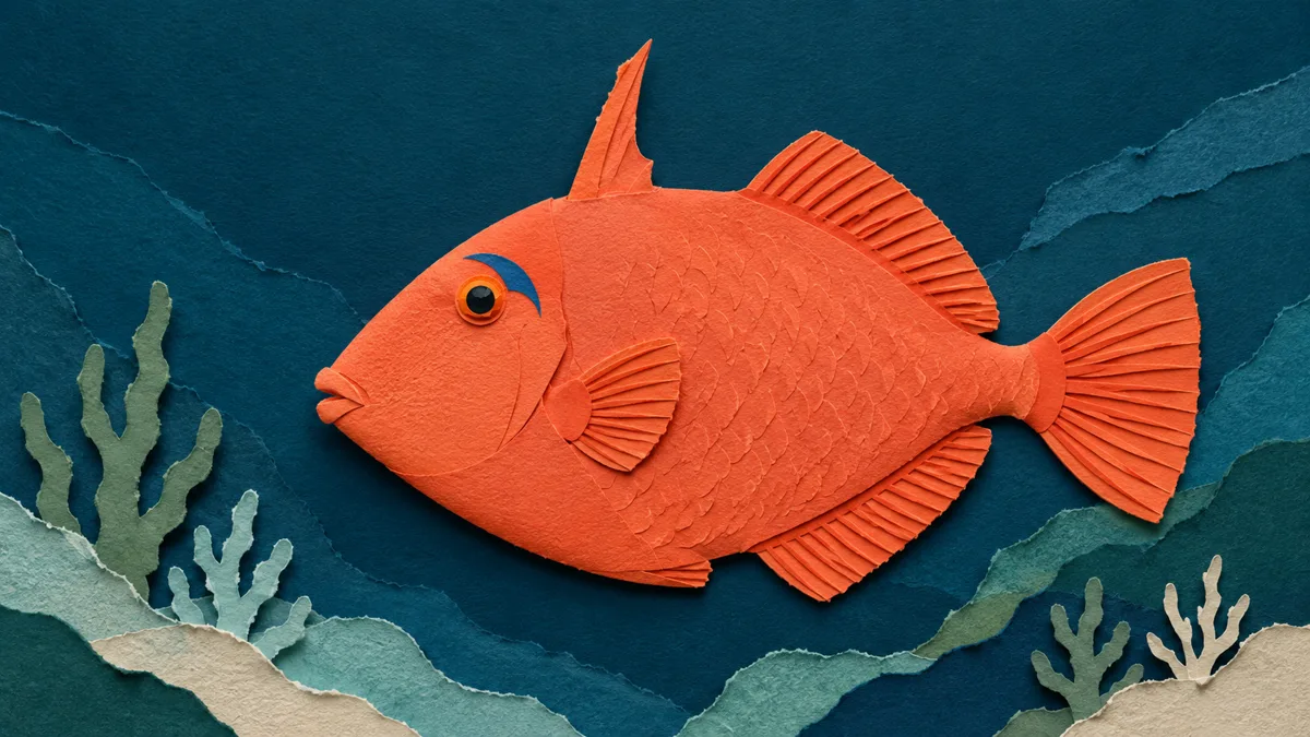 Illustrazione papercut ravvicinata di un pesce balestra grigio dal corpo ovale con la prima spina dorsale alzata dritta come un grilletto e l'occhio dal bordo azzurro