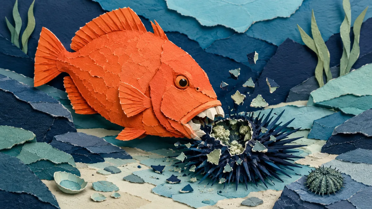 Illustrazione papercut di un pesce balestra arancione che frantuma il guscio di un riccio di mare con i denti robusti, sul fondale roccioso