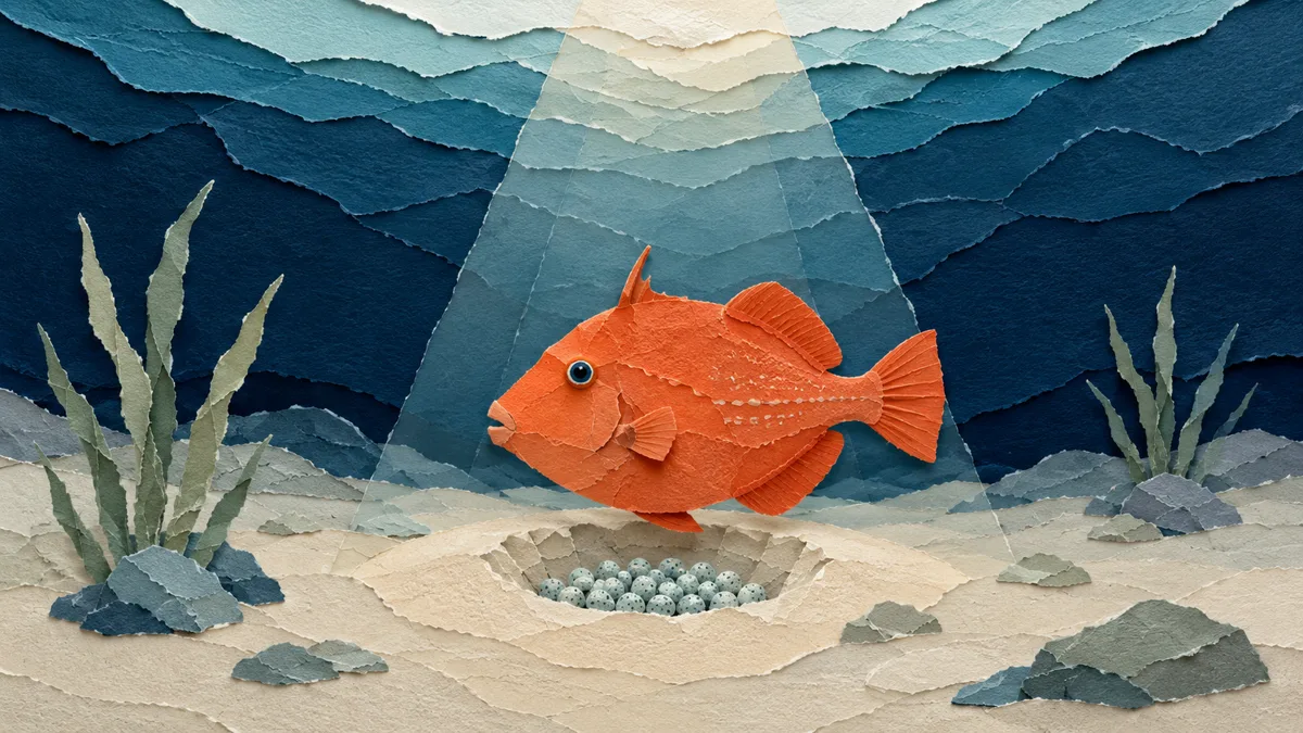 Illustrazione papercut di un pesce balestra arancione che sorveglia una buca-nido sul fondale sabbioso, con un cono di territorio che sale verso la superficie